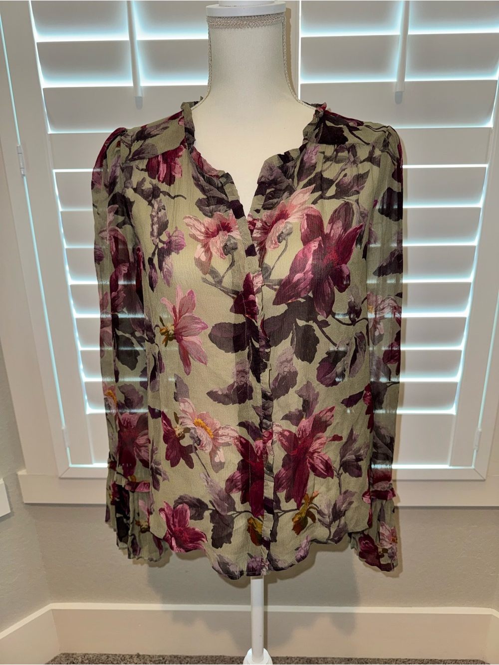 PAIGE Olive Sheer Floral Blouse with Plum Blooms